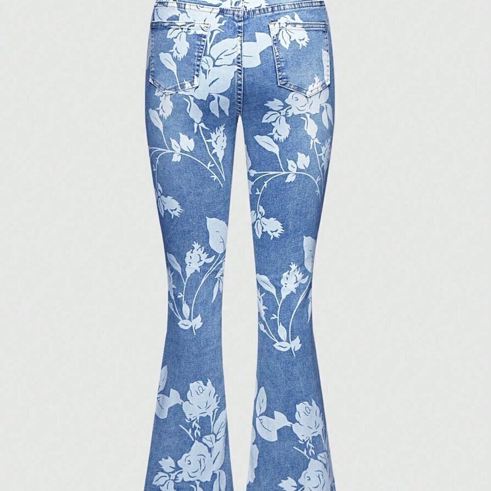 Light Wash Casual Women's Floral Printed Bootcut High Waisted Stretch Jeans - Picture 3 of 6